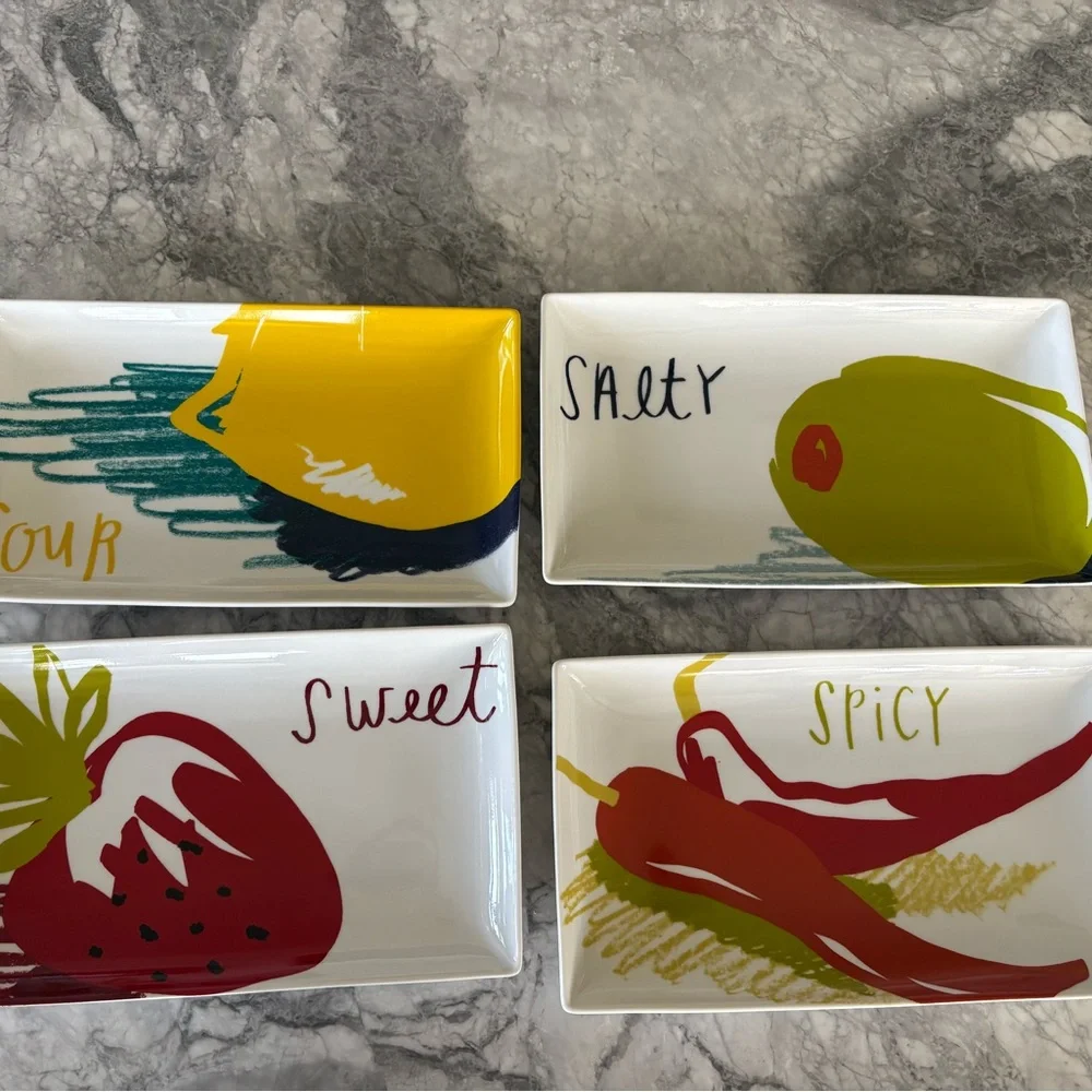 Crate and Barrel 4 Plate Snack or Appetizer Plates Sweet Sour, Spicy, Salty
